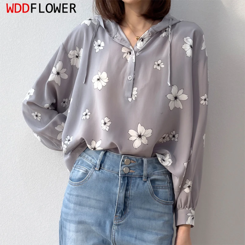 

Women Blouse 100% Mulberry Silk Hoodie Neck Gray Floral Printed Long Sleeve Pullover Shirt Top Plus Size M1071