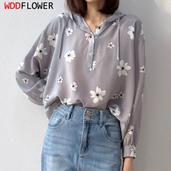 Women Blouse 100% Mulberry Silk Hoodie Neck Gray Floral Printed Long Sleeve Pullover Shirt Top Plus Size M1071