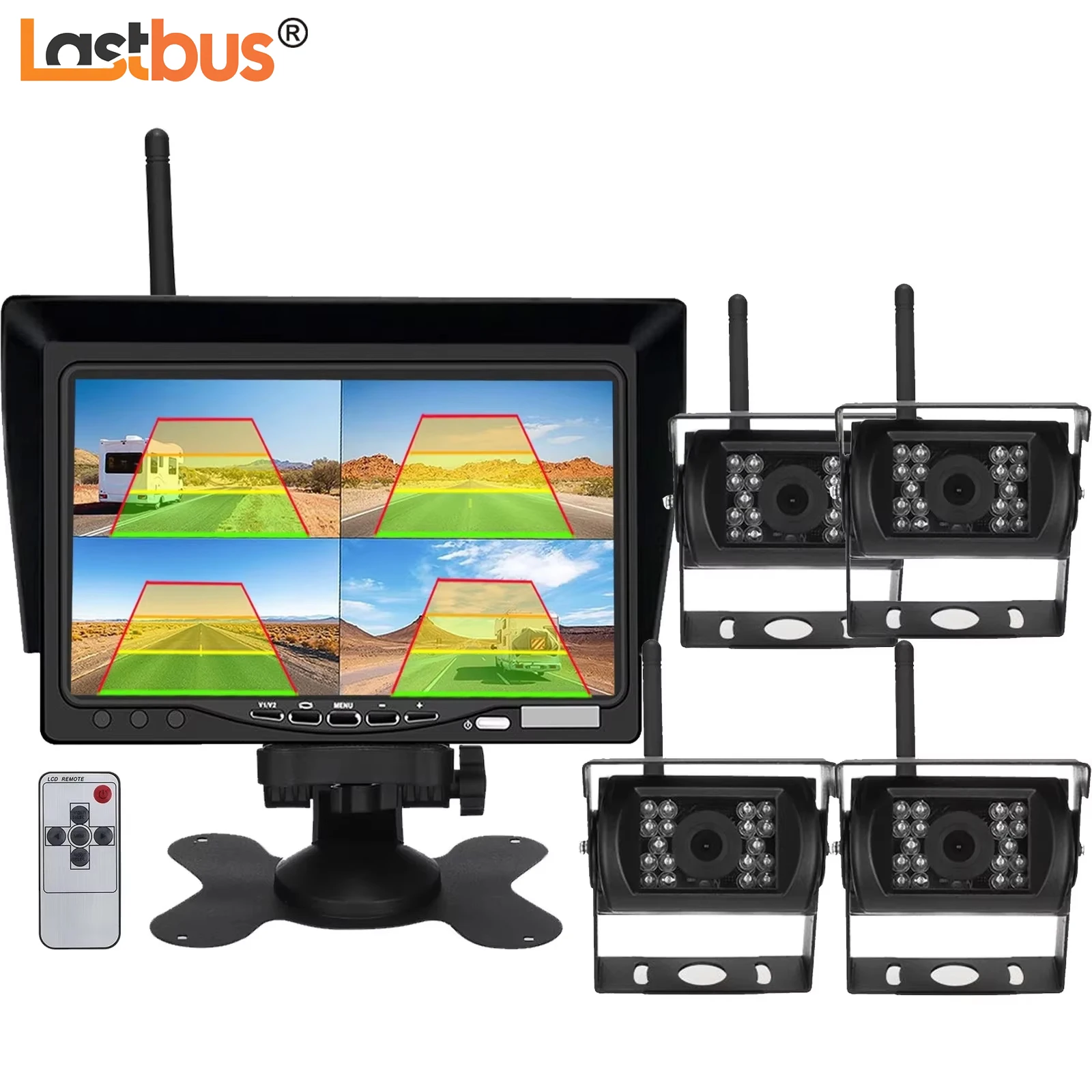 

Lastbus 7" IPS Quad Split Screen Monitor + FHD 1080P Digital Wireless Backup Camera Night Vision Waterproof For Truck Bus