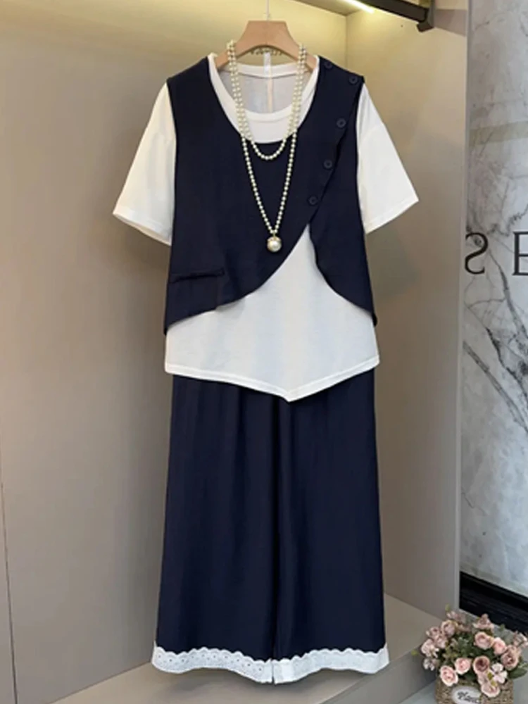 플러스 사이즈 여름 캐주얼 레이스 트림 탱크탑 베이스 이트 티셔츠 세트 하이웨이스트 롱 팬츠 라운드 네이버 버튼다운 베스트