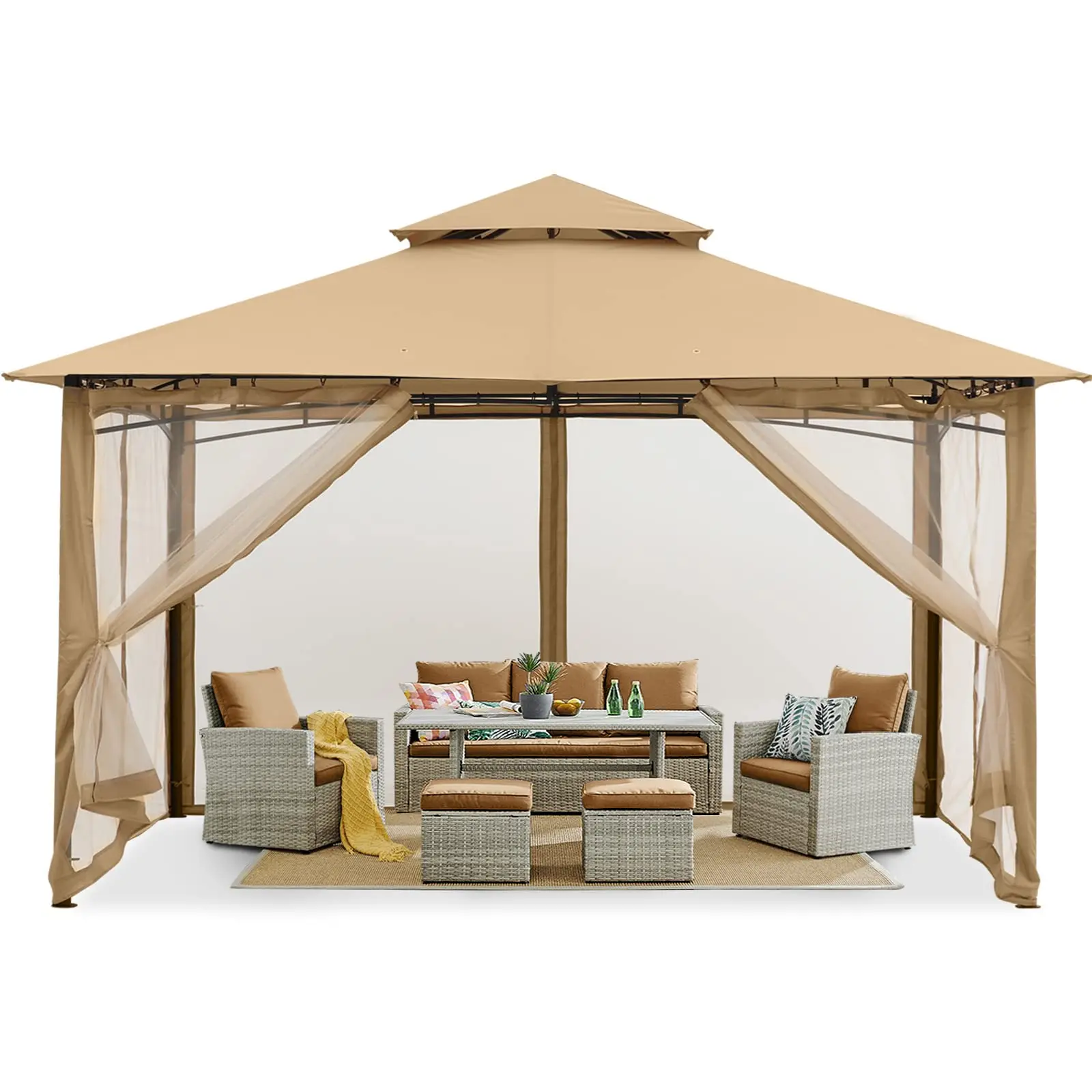 10x12 ft Heavy Duty Patio Gazebo with Netting Walls, Beige