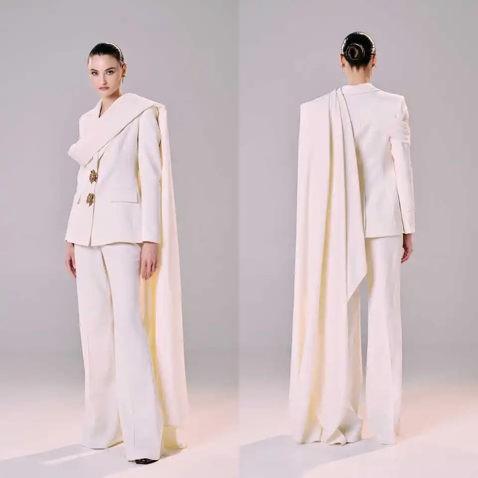 

Designed Button Blazer 2 Pieces Elegant Slim Fit Full Sleeve Jacket Customized Fashion Wide Leg Pants Celebrity Party Power Gown