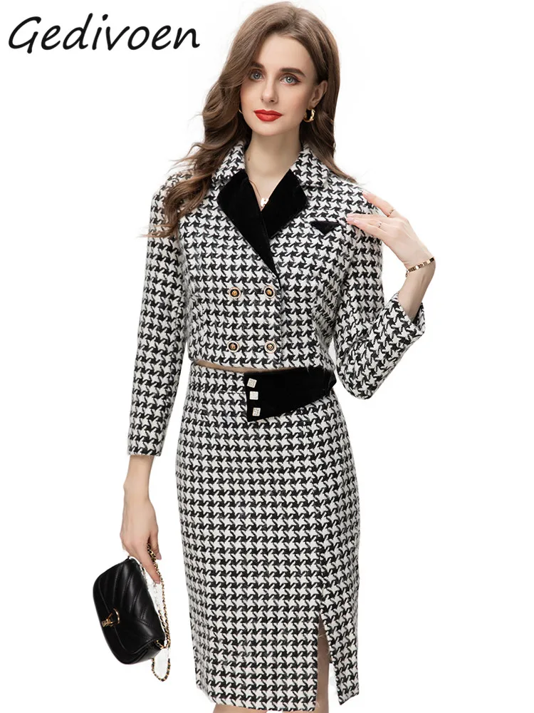 

Gedivoen Autumn Fashion Designer Vintage Plaid Skirt Set Women Lapel Button Slim Short Coat+Package Buttocks Skirt 2 Pieces Set