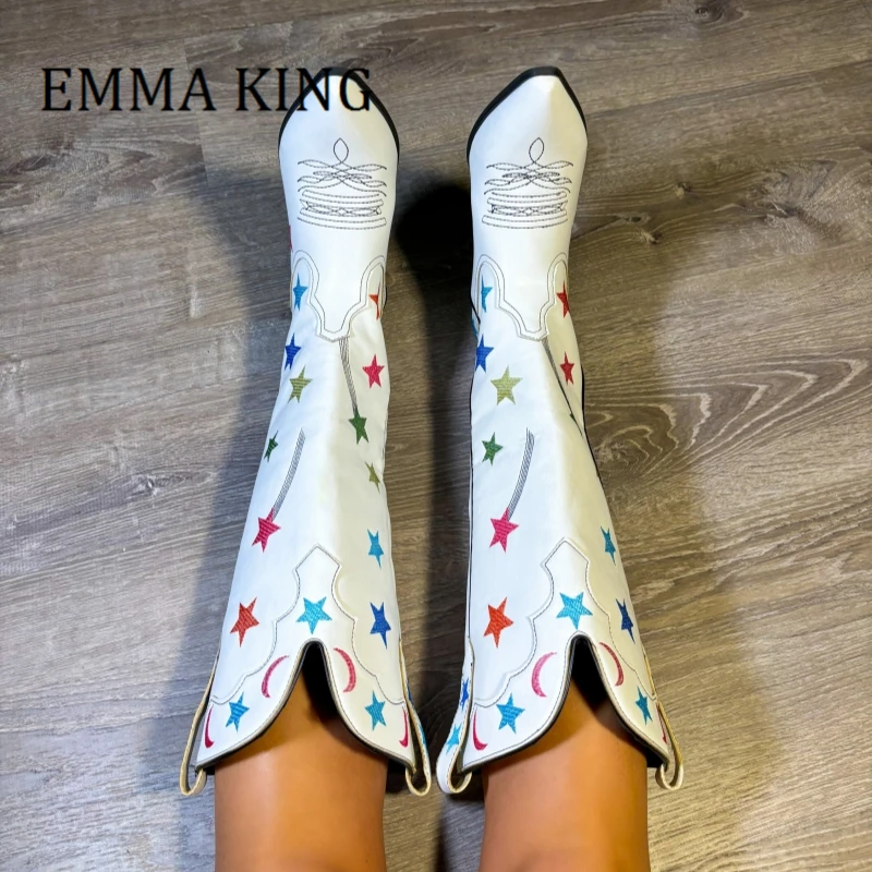 Autumn Winter Western Cowboy Boots Vintage Embroidered Cowgirl Boot Sexy Pointy Toe Chunky Heel Knight Boot Star Thigh High Boot