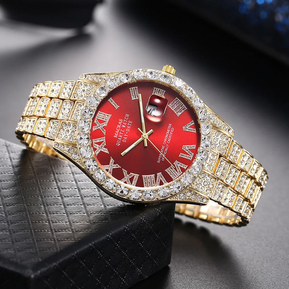 ESKEEM Reloj de cuarzo para hombre totalmente helado con brillo personalizado y esfera roja, verde y azul, relojes de pulsera con diamantes de números romanos ﻿