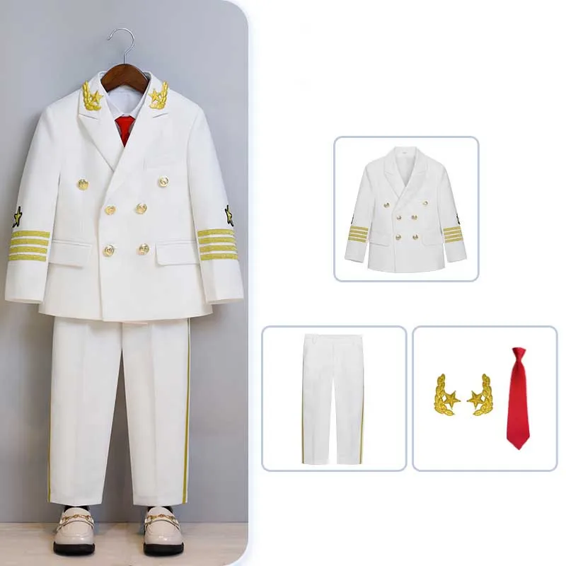 Kids Jakcet Pants Tie Performance Suit Children White Pilot Cos Play Uniform Boys Photograph Dress Teenagers Stage Costume