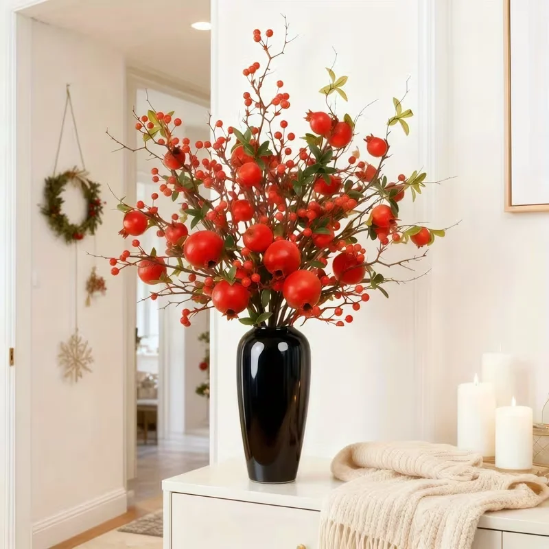 Large Artificial Pomegranate Branches with Realistic Red Fruit & Blossoms - Fake Fruit Tree for Christmas, Wedding, Banquet