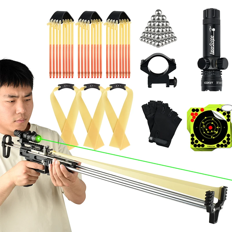 Black Long Telescopic Slingshot Red/green Laser Aiming Slingshot Powerful Outdoor Catapult Hunting and Shooting Package