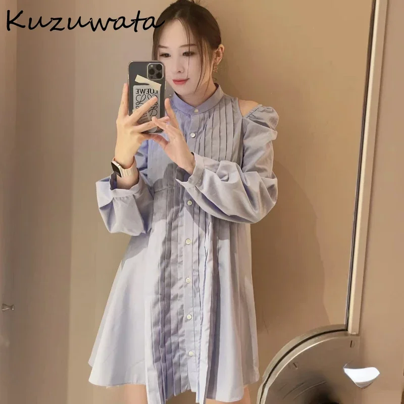 Kuzuwata Sweet Elegant V Neck Knit Sets Vest+lantern Sleeve Single Breasted Ruched Solid Blouses Japan Moda Casual Suit Blusas