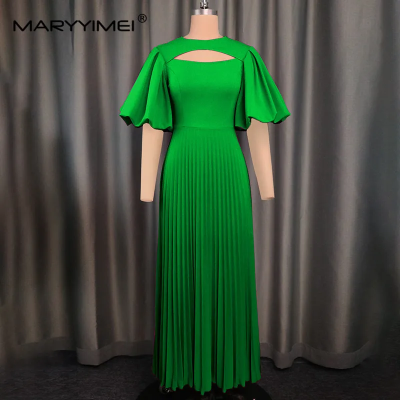 Imagem -06 - Maryyyimei-vestido Maxi Plissado Feminino com Gola Redonda Oco para Fora Lanterna Manga Curta Cintura Alta Senhora do Escritório Moda Elegante Novo