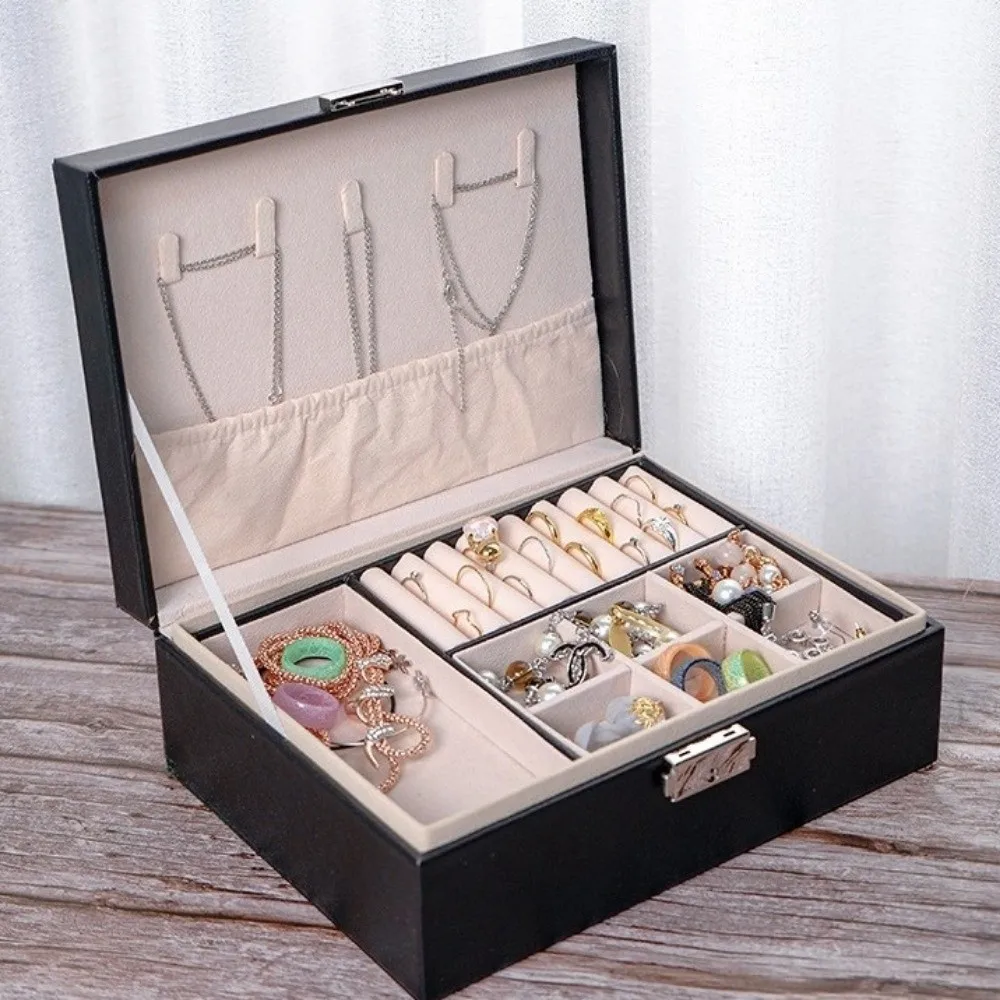 2 Layer Double-layer Jewelry Box with Lock Elegant Necklace Earring Box Dustproof PU Leather Leather Jewelry Organizer