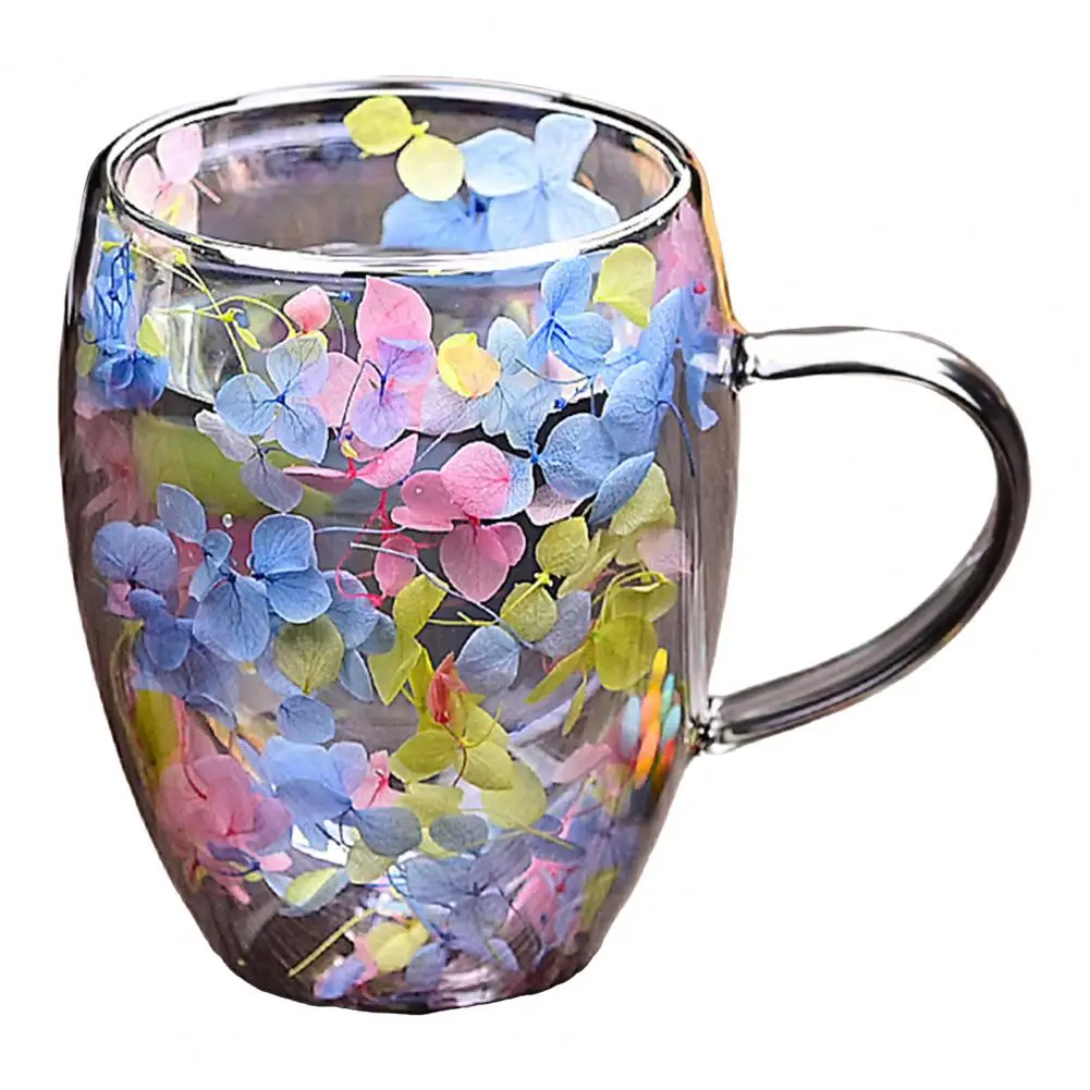 Double Wall Glass Coffee Mug with Handle High Borosilicate Heat Resistant Cup Colorful Petal Design Hot Cold Drinks Latte Tea Ju