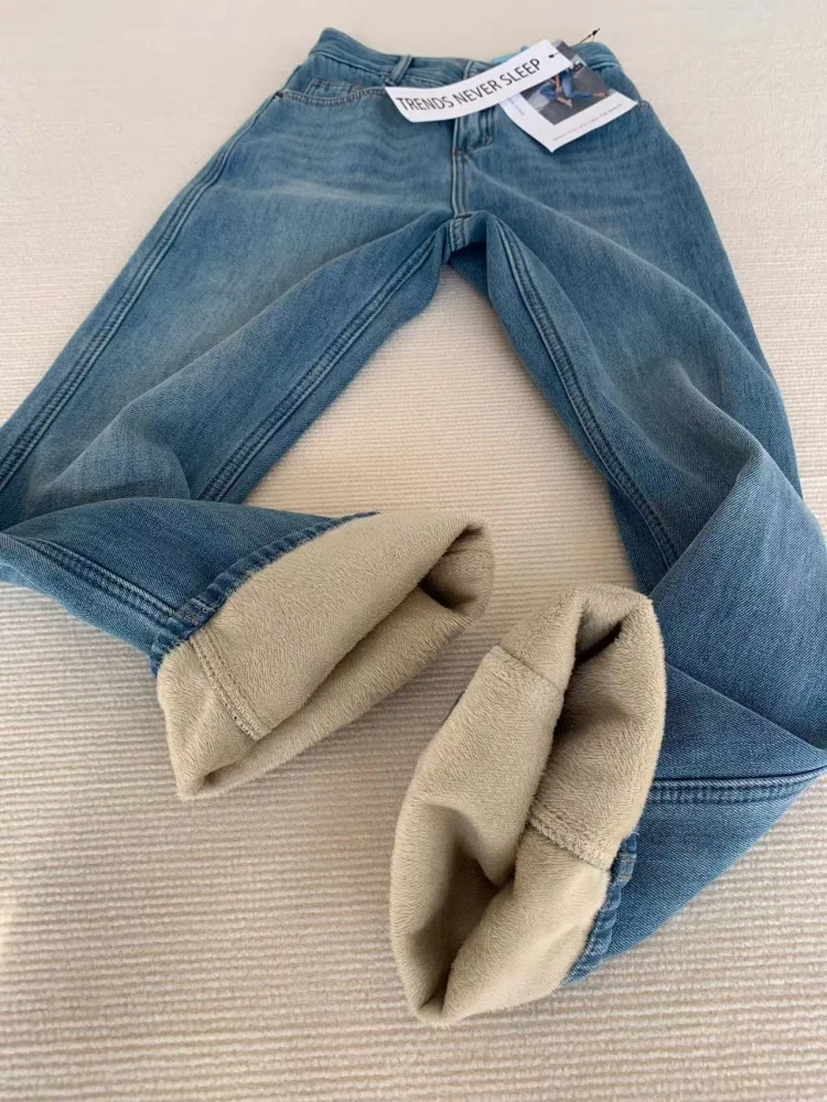 

Джинсы из денима с начесом больших размеров, с высокой талией, прямые, широкие штанины, женские, зимние, повседневные