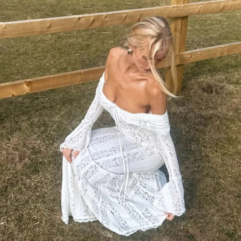 

Women Elegant Sexy Lace Maxi Evening Party Dresses Lace-up Off Shoulder Flare Sleeve Bodycon Long Birthday Robe Vacation Outfits