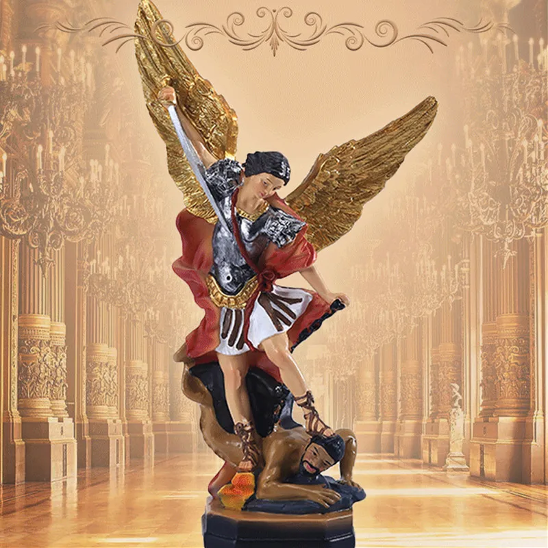 Beautifully painted classical Saint Michael angel killing demon statue ornaments Christmas gift decoration resin crafts