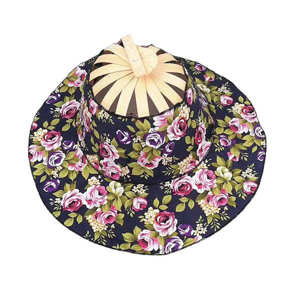 Women Bamboo Foldable Hand Fan Sun Hat Portable Chinese Style Bamboo Frame Floral Printed Hand Fan Sunhat Hat For Travel Be U5N0