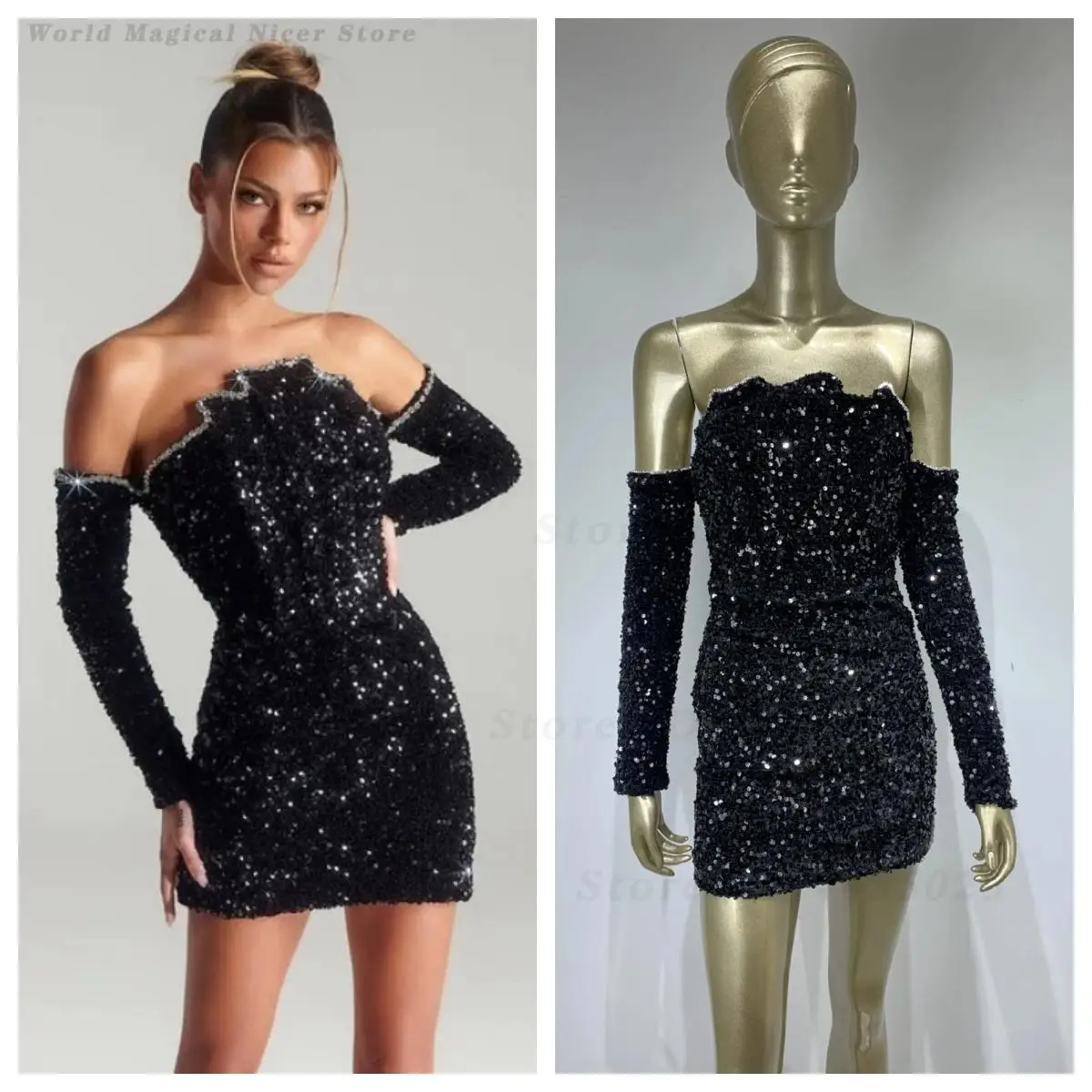 Women Black Sparkly Sequin Bodycon Dress Sexy European American Nightclub Cocktail Birthday Banquet Formal Evening Party Outfit