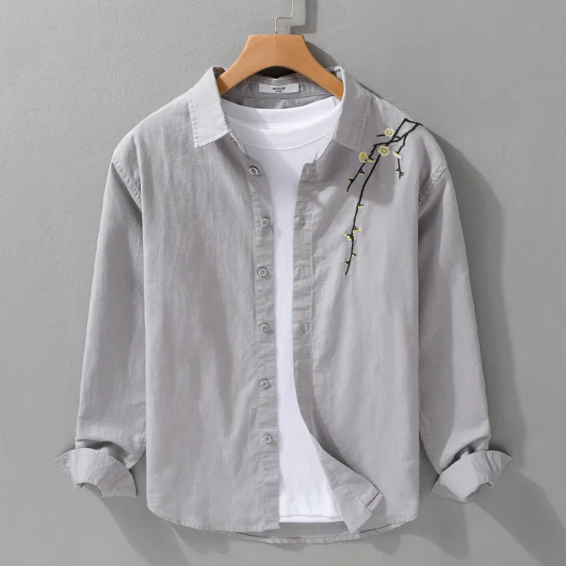 Spring Summer New Long Sleeve Men Shirts Daily Causal Cotton Linen Shirt Lapel Loose Plum Blossom Embroidery Shirt Fashion Tops