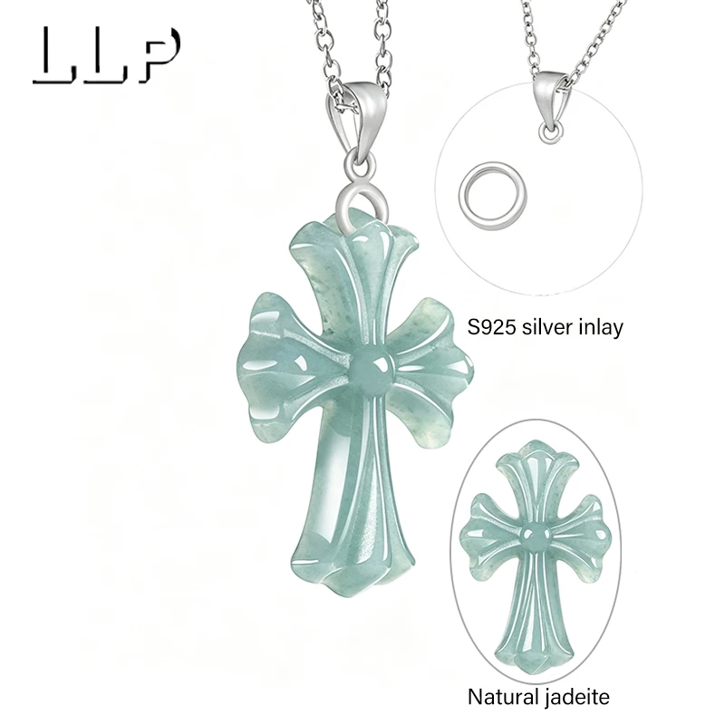 Natürlicher blauer Wasser-Jade-Kreuzanhänger, S925-Silberbasis, handgeschnitztes Amulett für religiöse Zwecke, geeignet für Männer und Frauen – Detail 3
