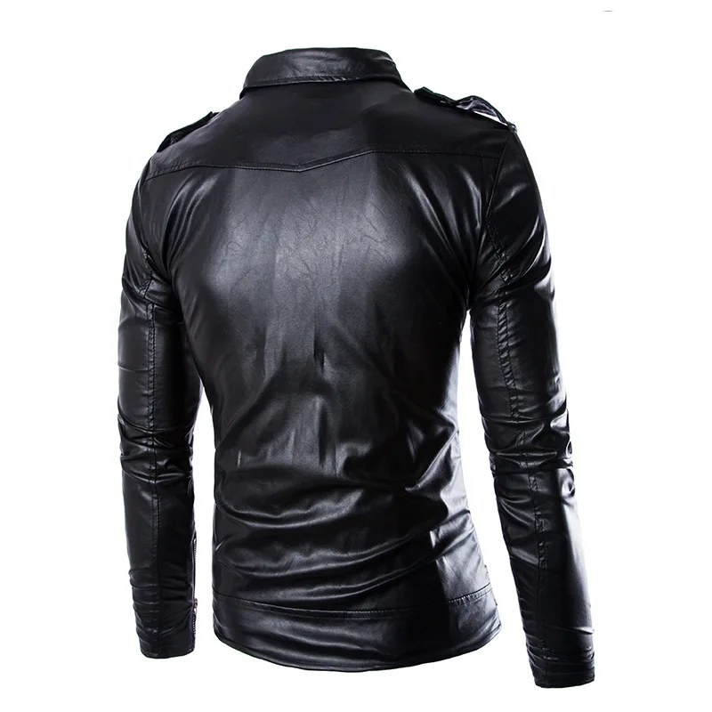 Blouson en similicuir à manches longues et col rabattu pour homme, décontracté, régulier, solide, poches zippées, manteau slim, 2024