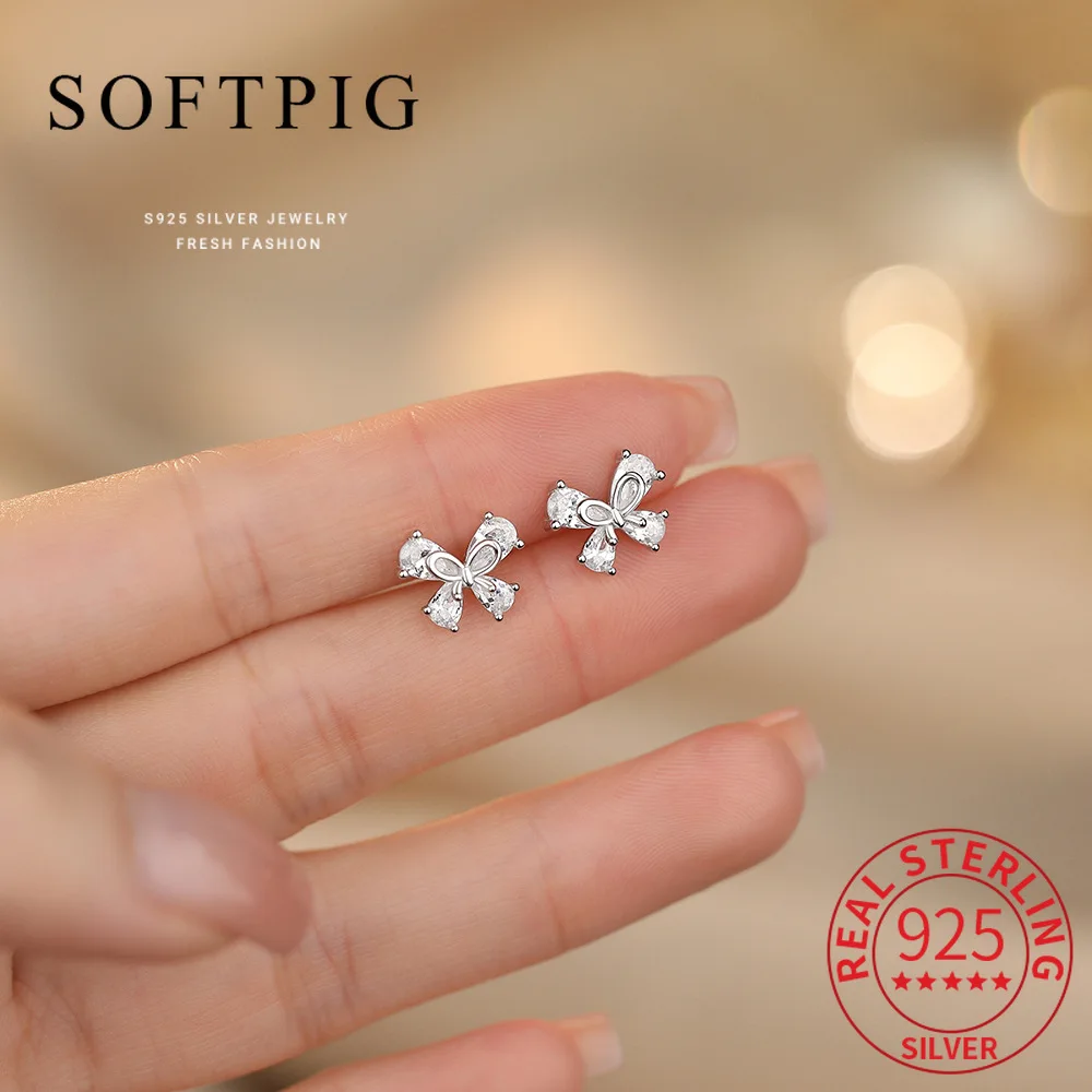 

SOFTPIG Real 925 Sterling Silver Zircon Butterfly Bowknot Stud Earrings for Women Classic Fine Jewelry Minimalist Accessories