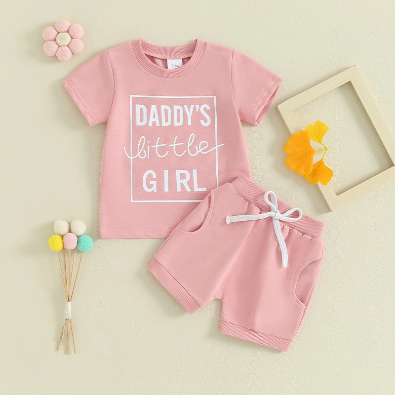 

Baby Girl Summer Outfit Letter Print Crew Neck Short Sleeve T-Shirts Tops Elastic Waist Shorts 2Pcs Clothes Set