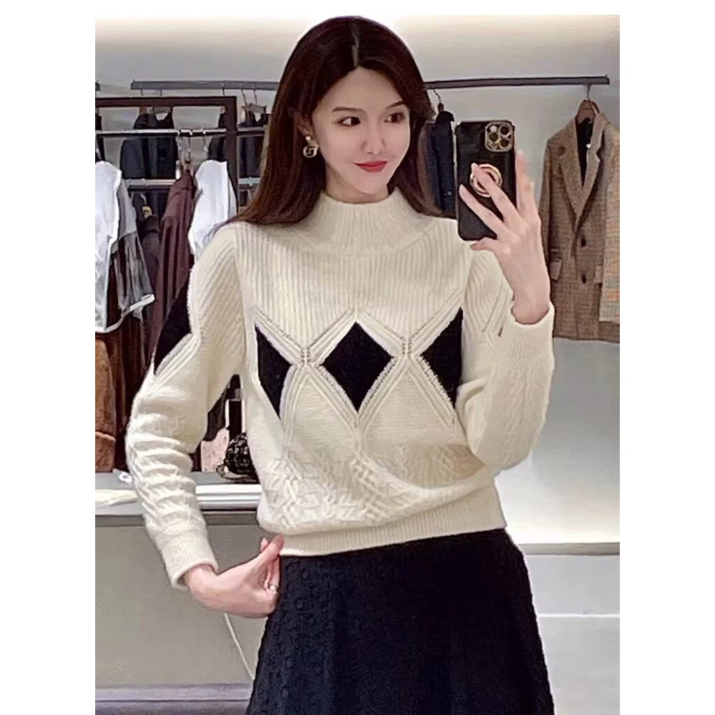 

Ele Woolen Knitted Sweater Women's f High Collar Twist Flower Patterned Thiened Autumn Winter Selfwill Commute Sle