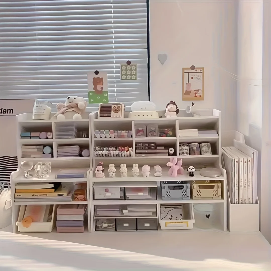 ที่จัดระเบียบโต๊ะทำงานสไตล์ INS อเนกประสงค์ พร้อมช่องใส่ปากกาแบบเอียงและชั้นวางยกสูง ชั้นวางของ 2 ชั้นสำหรับเครื่องเขียนและเครื่องสำอาง