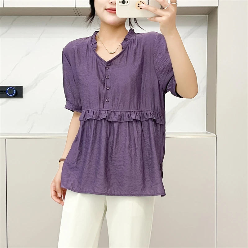 Or Sve – haut ample en soie pour femmes, ample, décontracté, taille haute, grande taille, détail de boutons, rond, couleur Pure, été