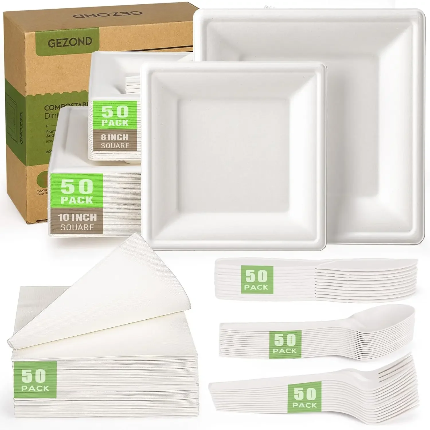 Gezond Compostable Paper Plates Set 300pcs Disposable Sugarcane Plates 10 Inch Eco-friendly White Square Plates with Napkins