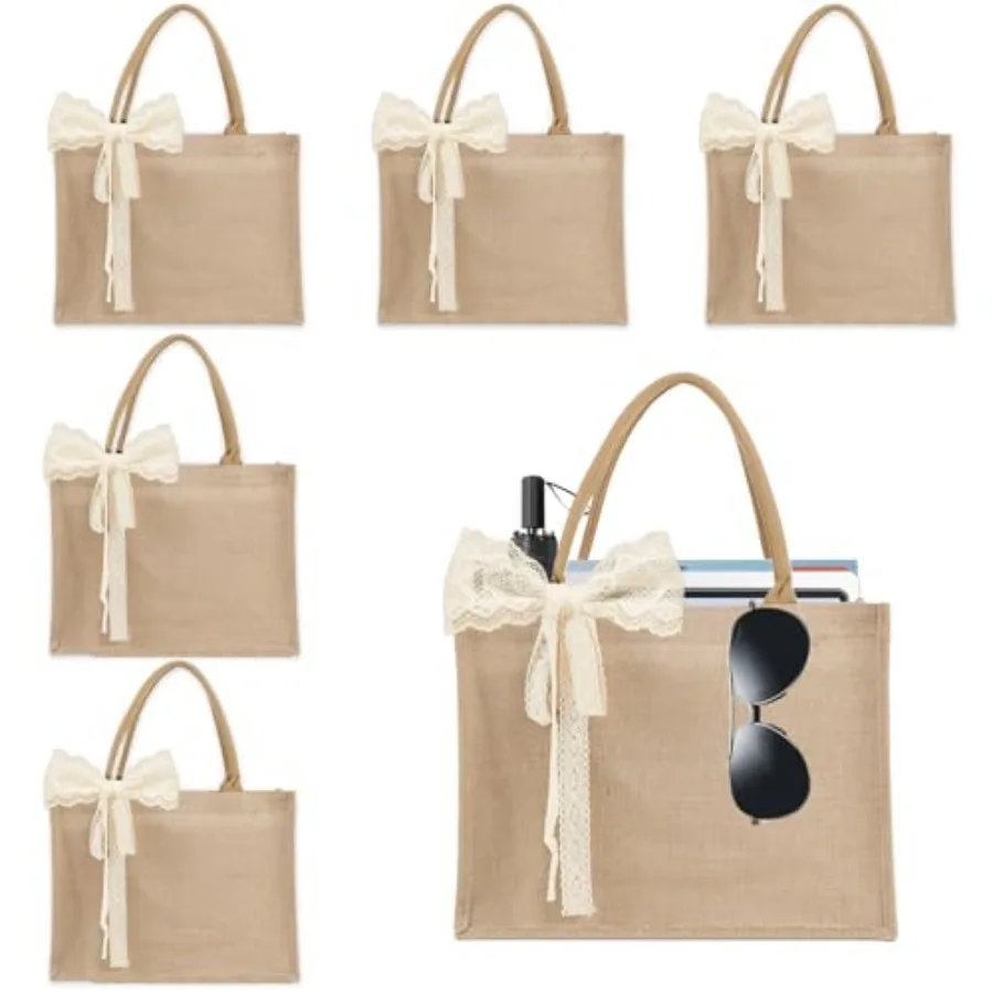 

6pcs Burlap Tote Bag Set with Handles Waterproof Reusable Blank Grocery Bags with Ribbon Large Jute Tote 15.35 * 6 * 12 Inch fo