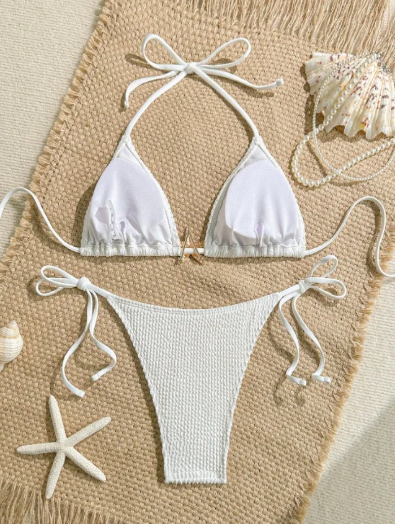 섹시한 메탈 불가사리 화이트 마이크로 비키니 세트 투피스 끈 수영복 수영복 세트 비키니 탱키니 비치웨어 비키니