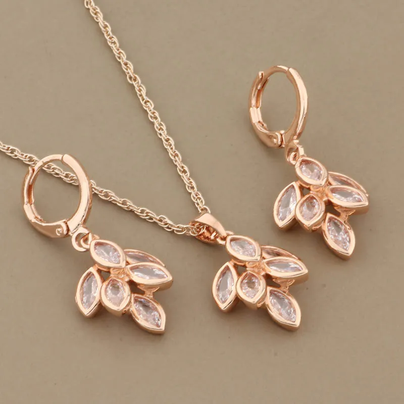 New 585 Rose Gold Color Hanging Earrings And Pendant Sets for Women Natural Zircon Flower Earrings Trend Unusual Jewelry