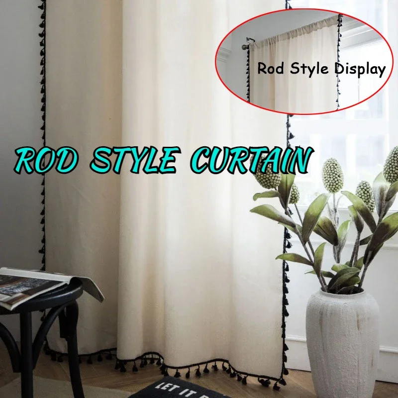 Solid Color Tassel Curtains Semi Blackout Cotton Blend Rod Pocket Boho Style Window Drap Semi-Sheer Curtains Living Room Bedroom