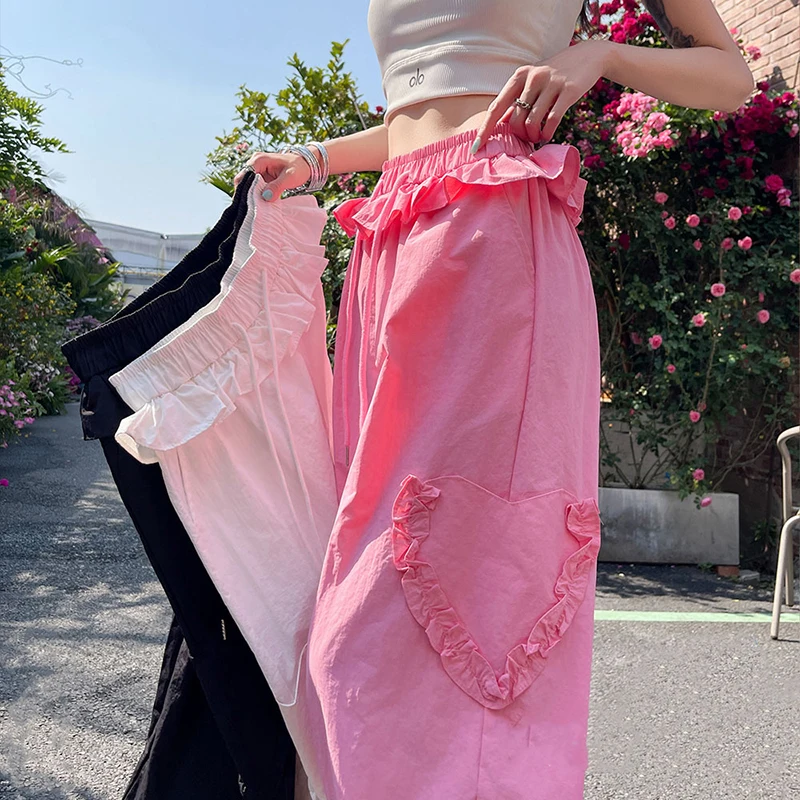 

Y2K Pink Cargo Pants Women Streetwear Ruffles Patchwork Black Sweatpants Harajuku White Wide Leg Joggers Summer Baggy Trousers