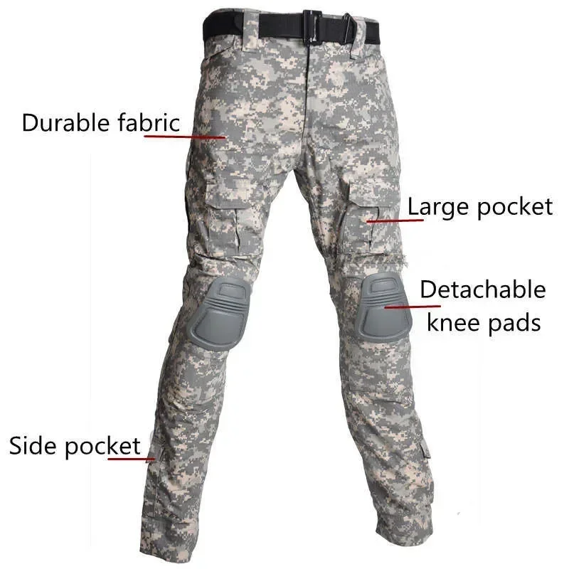 Camicie tattiche da esterno uniformi militari da uomo Magliette da paintball softair + Pantaloni cargo mimetici + Gomitiere / Ginocchiere Tute traspiranti Durevoli