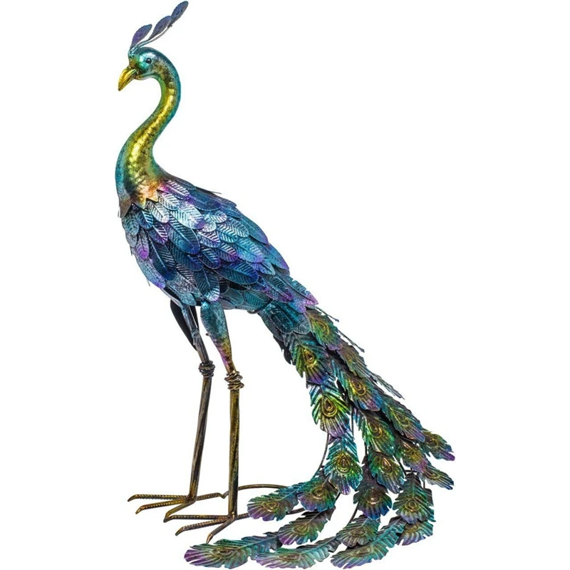 1 PCS Multicolor Metallic Peacock Statue Metallic Peacock Statue Outdoor Garden, Patio, Deck, Porch-Yard Art Decoration Metal