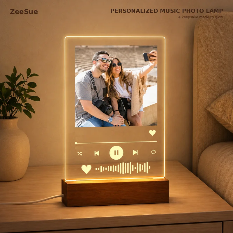 Personalized Photo Music Code LED Night Light, Custom Acrylic Song Plaque with Wooden Base for Couple and Family Gifts