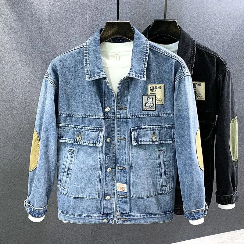 Cargo Splicing Male Jean Coats Black Plus Size Men's Denim Jacket Elatic Outwear Washed High Quality Low Cost Y2k Lxury Price L