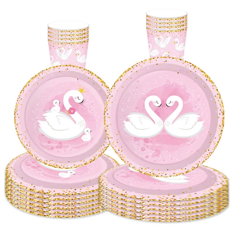 White Crown Swan Disposable Tableware Pink Plates Napkins Happy Birthday Party Decor Kids Girl 1st Swan Baby Shower Favor