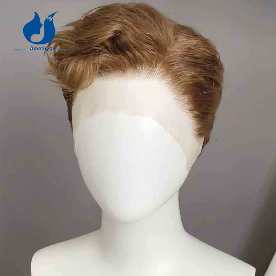 جمشت 13x6 الجانب جزء متموج الدانتيل شعر مستعار أمامي للرجال قصيرة عابث قطع البرازيلي ريمي الذكور الشعر متوسط اللون البني قبل قطعها