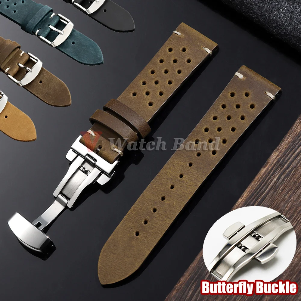 Neues Vintage-Uhrenarmband mit Schmetterlingsschnalle, weich, 18mm 19mm 20mm 21mm 22mm 24mm, poröses, atmungsaktives Rindsleder-Uhrenarmband, Business-Bänder