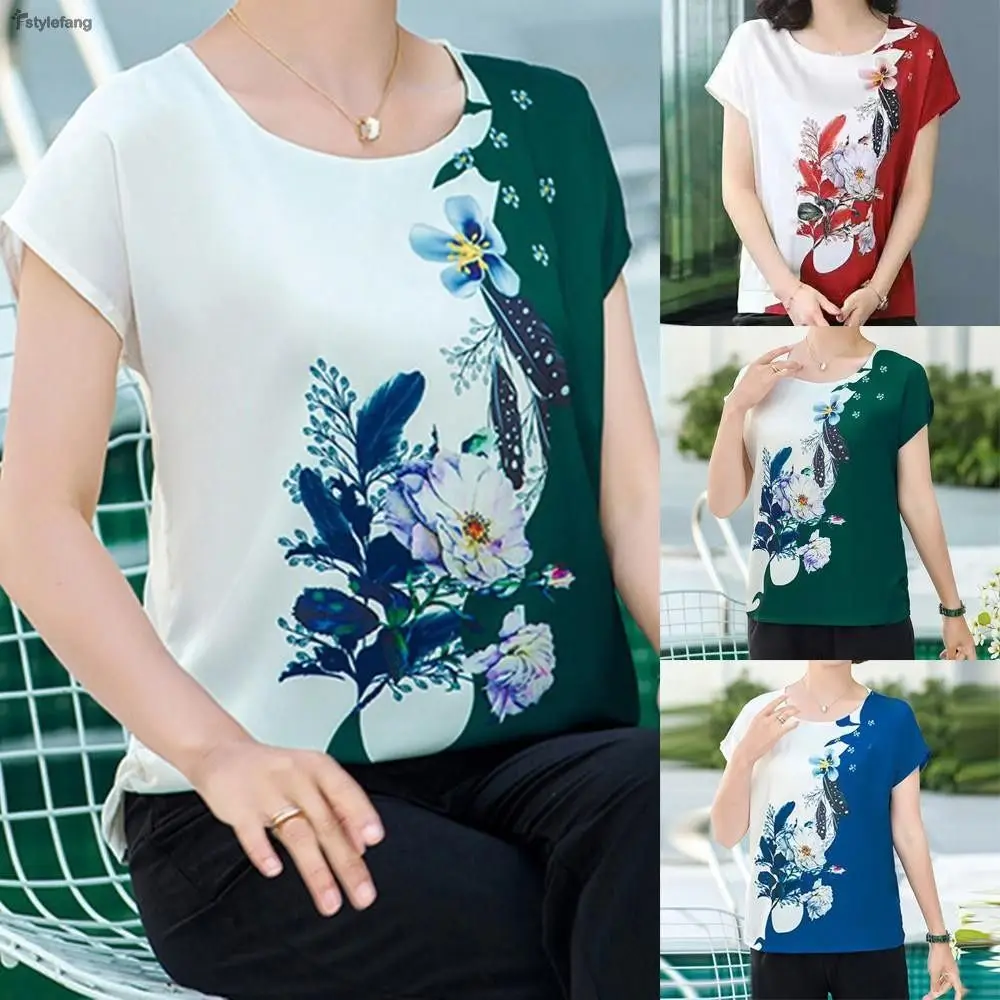 

Vintage Floral Print Blouse Round Neck Comfortable Women's Silk Satin Blouse Lightweight Loose Short Sleeve T-Shirt Office