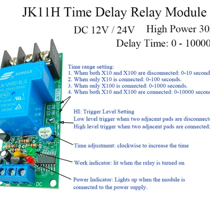 JK11H 30A Delay Relay Module DC 12V 24V Trigger Start Adjustable Timer Circuit Board 1PCS