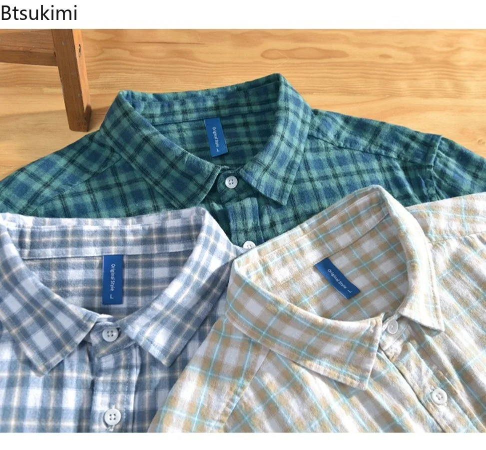 High Quality 100% Cotton Short Sleeve Shirts for Men Spring Summer New Casual Lapel Shirt Coats Vintage Plaid Male Cardigan Tops