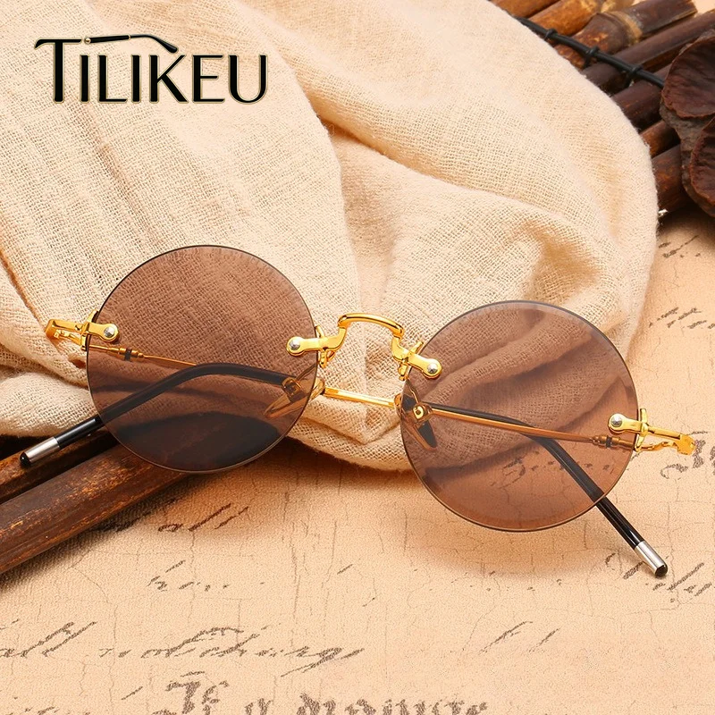 

2026 Fashion Round Crystal Glass Rimless Sunglasses Men's Classic Retro Frameless Eyewear Women's Luxury Circle Sunglasses UV400