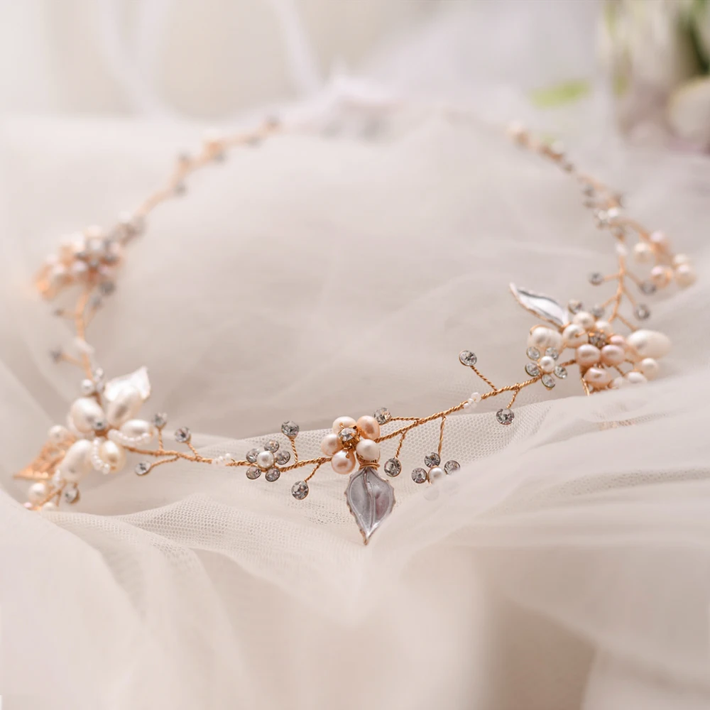 Couronne de Communion avec ruban rose/blanc, perles d'eau douce, bandeau en strass, cheveux de vigne de mariée, bijoux pour tête de mariée