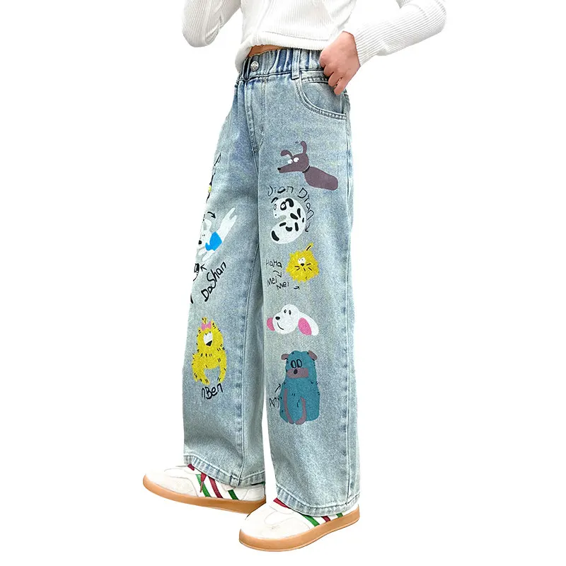 

2025 Cartoon Fashion Pattern Jeans for Girl Loose Straight Denim Pants Lovely Print Kids Spring Autumn Korea Style Long Trousers