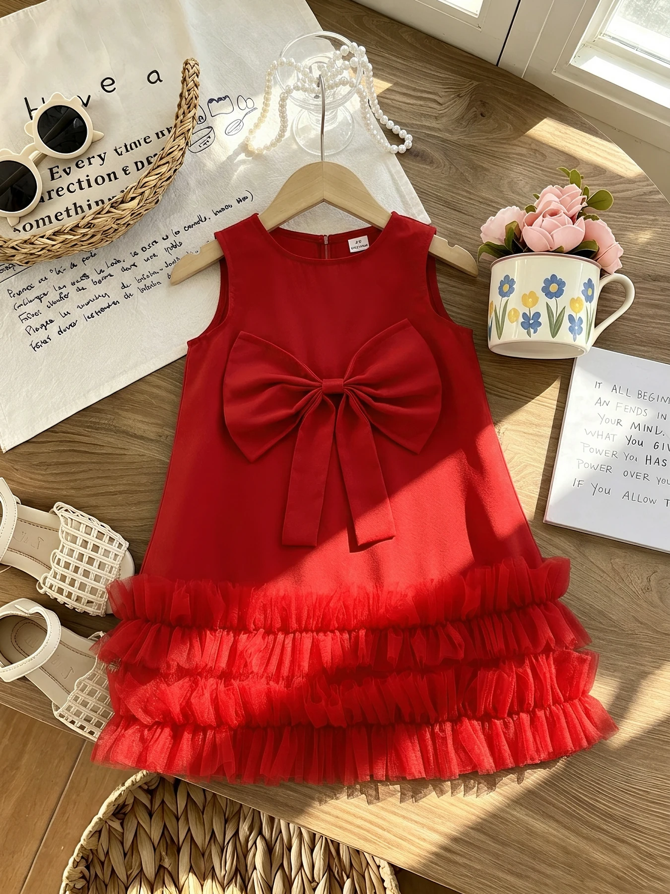 Adorable Toddler Girl Festive Dress Sleeveless Big Bow Ruffle Tulle Hem