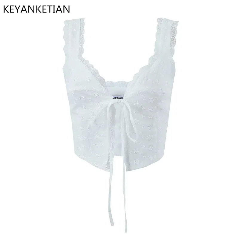 KEYANKETIAN Summer New Sexy Lace-Up Lace Camisole Women's Exquisite Hollowed Out Embroidery White Short Camisole Tight